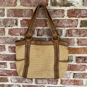 RARE Vintage Fossil macrame woven leather trimmed tote shoulder bag